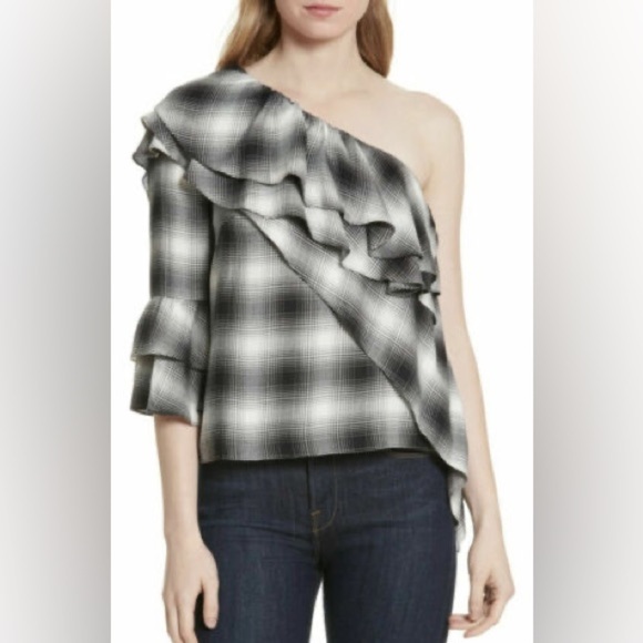 Alice + Olivia Black White Plaid One Shoulder Ruffle Top Size Med - Picture 10 of 16